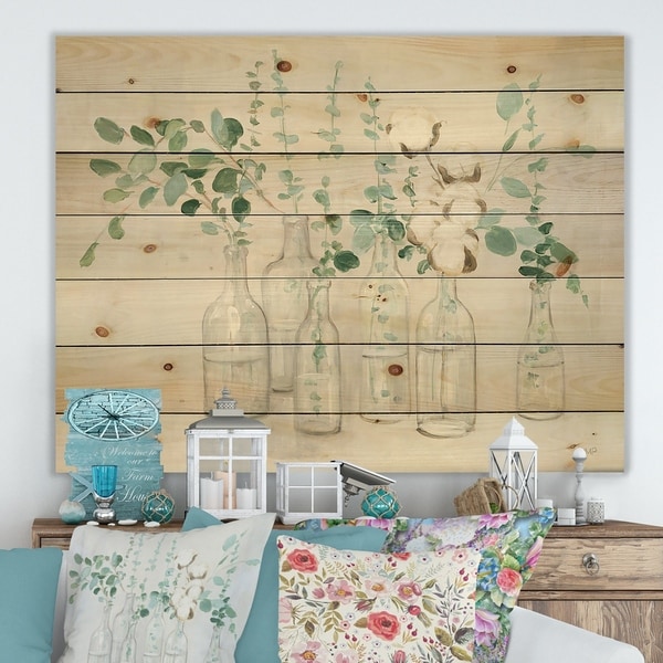 Designart 'Beautiful Flower Composition' Cottage Print on Natural Pine Wood - Grey/Green