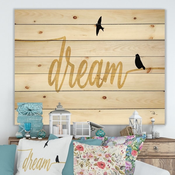 Designart 'Family of Birds on Gold Words II' Cottage Print on Natural Pine Wood - Black