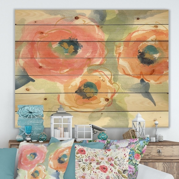 Designart 'Multicolor Buttercup II' Cottage Print on Natural Pine Wood - Orange/Pink