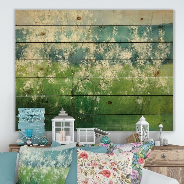 Designart 'Green Mountain Spring' Cottage Print on Natural Pine Wood - Blue/Green