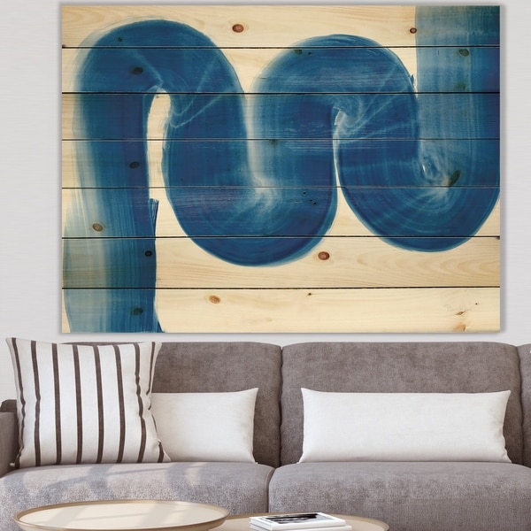 Designart 'Blue Geometric S Curve' Modern Transitional Print on Natural Pine Wood - Blue