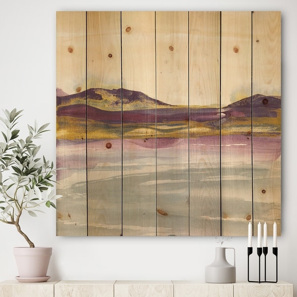 Designart 'Painted Purple and Gold Landscape II' Shabby Chic Print on Natural Pine Wood - Multi-color