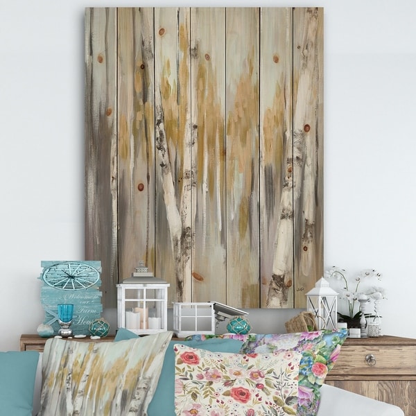 Designart 'Silver and Yellow Birch Forest' Cottage Print on Natural Pine Wood - Grey