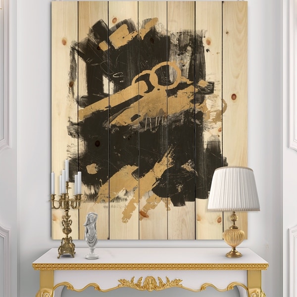 Designart 'Gold and Black drift I' Modern Glam Print on Natural Pine Wood