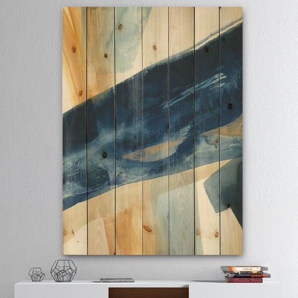 Designart 'Indigo Panel I' Glam Modern Print on Natural Pine Wood - Blue