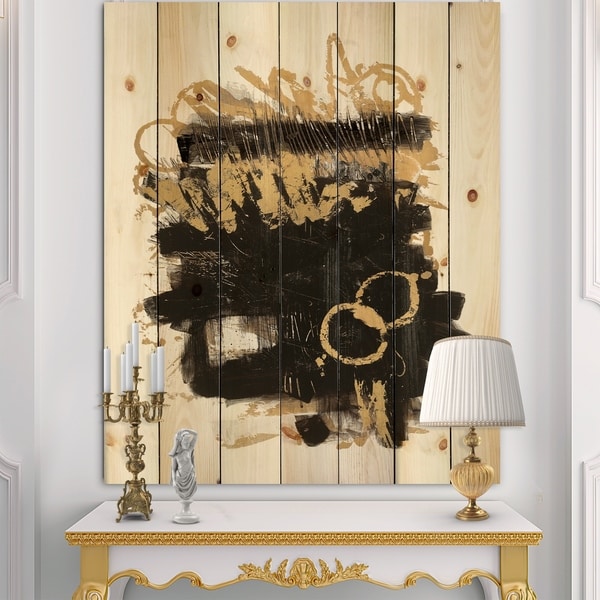 Designart 'Gold and Black drift II' Glam Modern Print on Natural Pine Wood