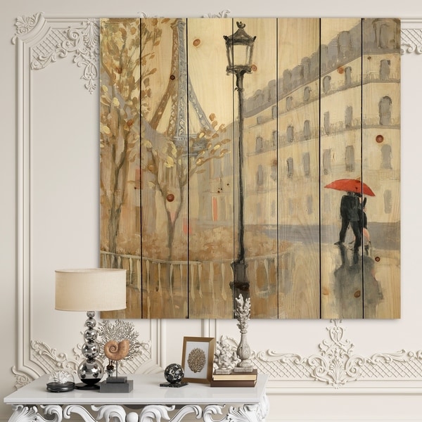 Designart 'Love in Paris V' Romantic French Country Print on Natural Pine Wood - Black