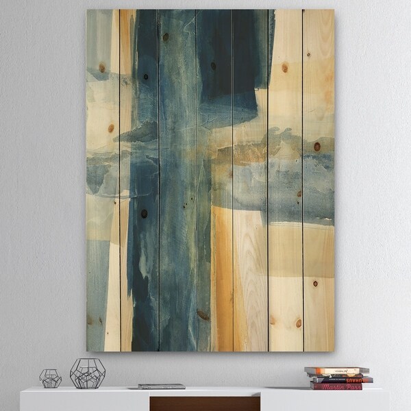 Designart 'Indigo Panel VI' Glam Modern Print on Natural Pine Wood - Blue