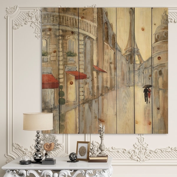 Designart 'Love in Paris III' Romantic French Country Print on Natural Pine Wood - Brown