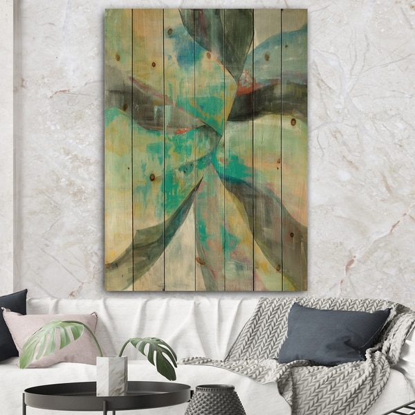 Designart 'In the Valley Abstract I' Traditional Print on Natural Pine Wood - Blue