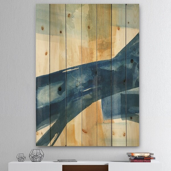 Designart 'Indigo Panel III' Glam Modern Print on Natural Pine Wood - Blue