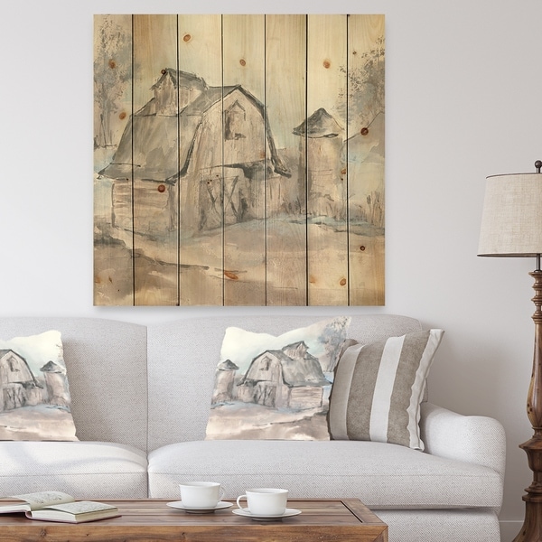 Designart 'Farmhouse Barn Grey V' Modern Farmhouse Print on Natural Pine Wood