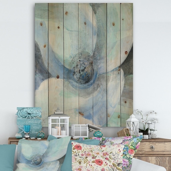 Designart 'Watercolor Moonlight Magnolia II' Farmhouse Print on Natural Pine Wood - Blue