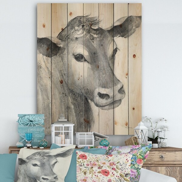 Designart 'Cow Farmhouse Animal in Black and White' Farmhouse Animals Print on Natural Pine Wood - Grey