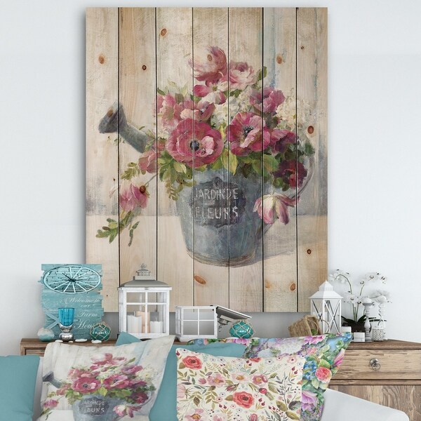 Designart 'Maison Des Fleurs I' Cabin & Lodge Print on Natural Pine Wood - Grey/Pink