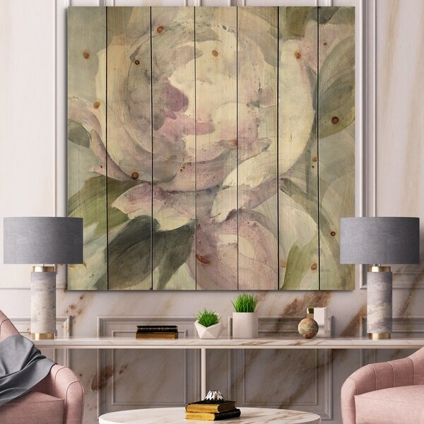 Designart 'Twilight Peony' Shabby Chic Print on Natural Pine Wood - Grey