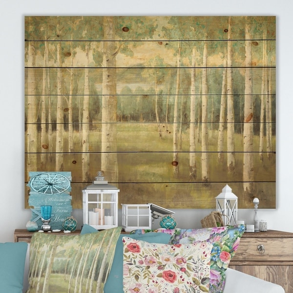 Designart 'Aspens Neutral Forest' Traditional Print on Natural Pine Wood - Green