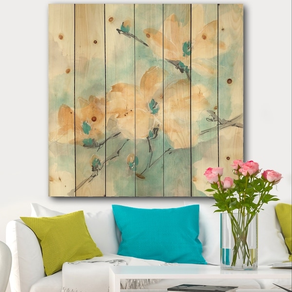 Designart 'Teal Buds II' Cabin & Lodge Print on Natural Pine Wood - Blue/Orange