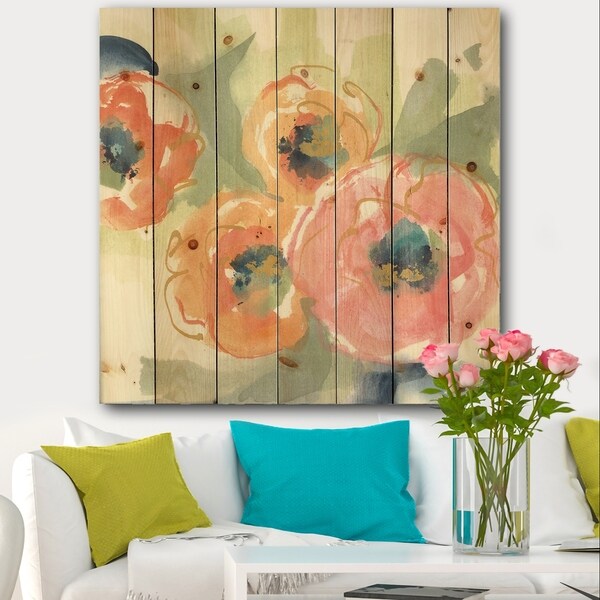 Designart 'Buttercup I' Traditional Print on Natural Pine Wood - Orange/Pink