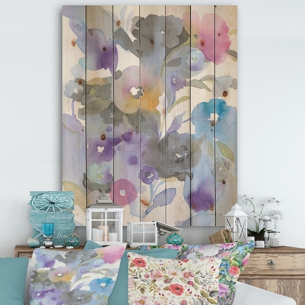 Designart 'Jewel Garden I' Modern Farmhouse Print on Natural Pine Wood - Purple