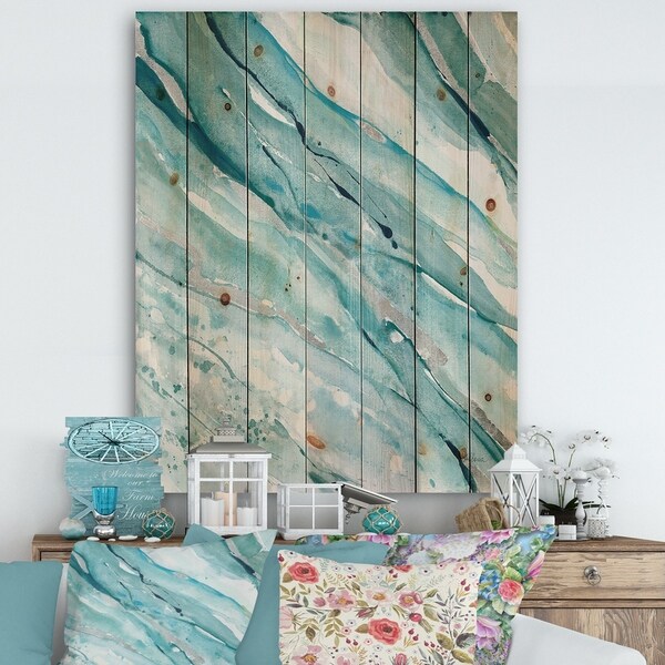 Designart 'Silver Springs I Blue Green' Nautical & Coastal Print on Natural Pine Wood