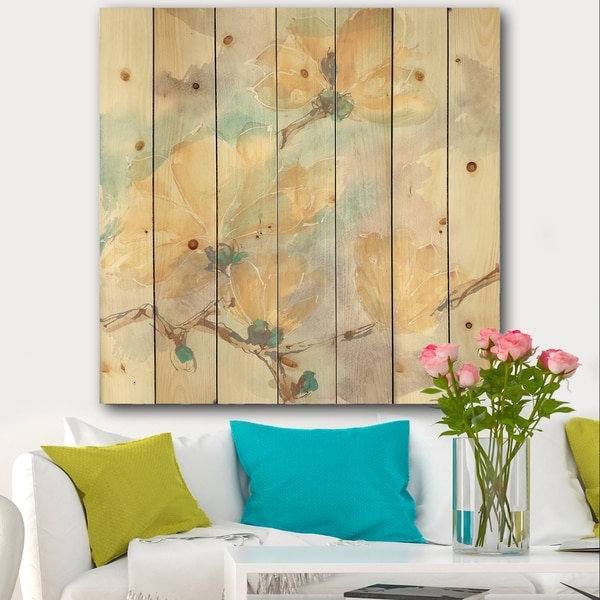 Designart 'Magnolias in White II' Cabin & Lodge Print on Natural Pine Wood - Blue