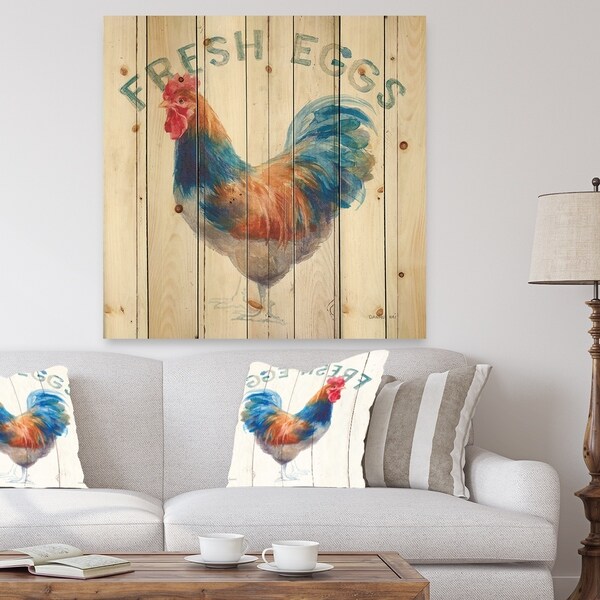 Designart 'Wood Farm Roaster II' Farmhouse Print on Natural Pine Wood - Multi-color