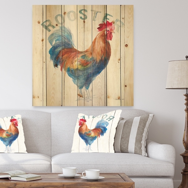 Designart 'Wood Farm Roaster I' Farmhouse Print on Natural Pine Wood - Multi-color