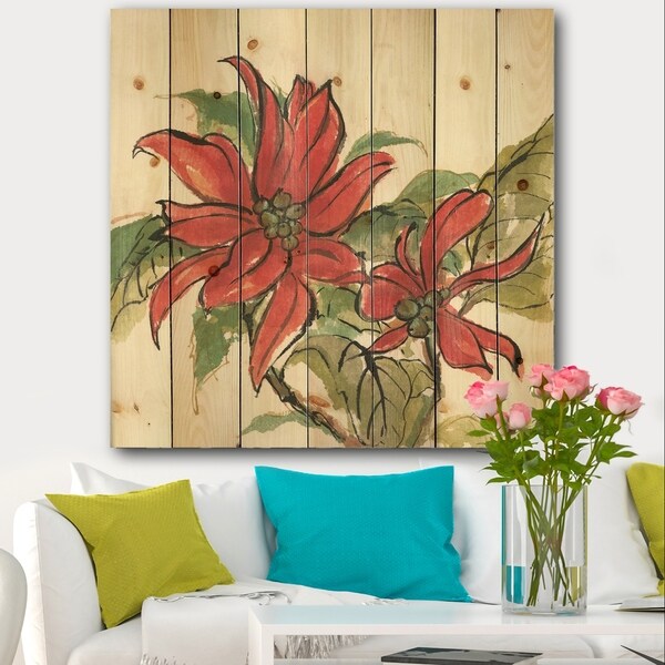 Designart 'Poinsettia II' Farmhouse Print on Natural Pine Wood - Green/Red