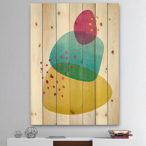 Designart 'Minimal Spots Balance I' Mid-Century Modern Print on Natural Pine Wood - Blue