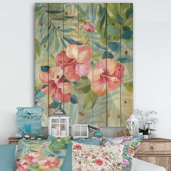 Designart 'Hibiscus Garden III' Traditional Print on Natural Pine Wood - Green/Pink
