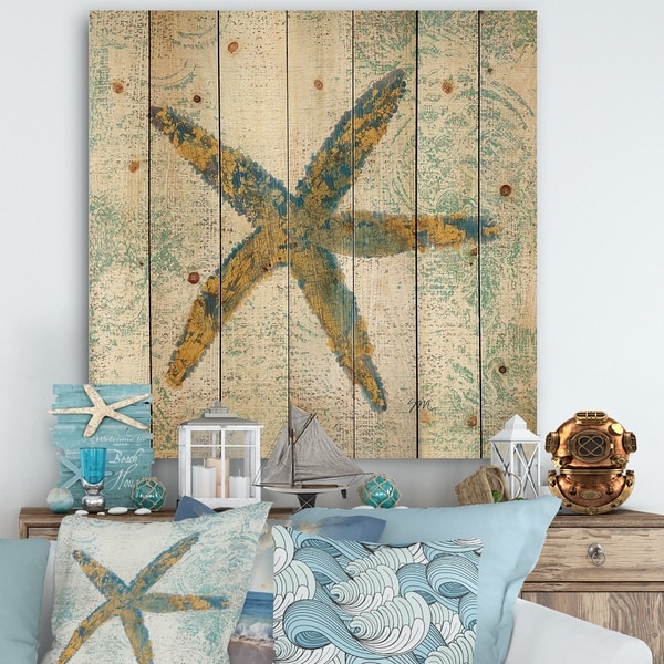 Designart 'Coastal Pastel seashells III' Vintage Nautical Print on Natural Pine Wood - Blue