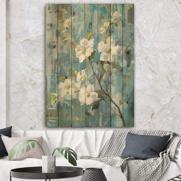 Designart 'Pastel Magnolia II' Floral & Botanical Print on Natural Pine Wood - Blue