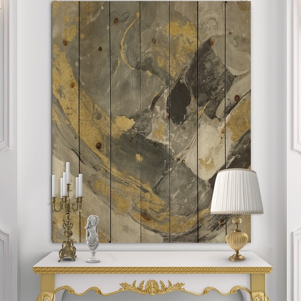 Designart 'Marble Gold and Black II' Modern & Contemporary Print on Natural Pine Wood - Grey