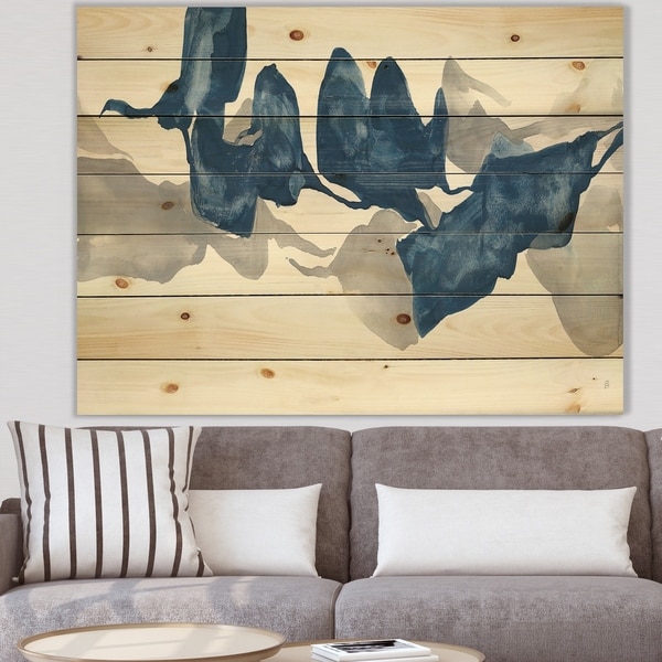 Designart 'Gouache Sapphire on Gray' Modern & Contemporary Print on Natural Pine Wood - Blue