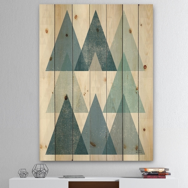 Designart 'minimal Triangles IV Blue' Mid-Century Modern Print on Natural Pine Wood - Blue