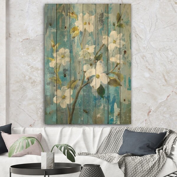 Designart 'Pastel Magnolia I' Floral & Botanical Print on Natural Pine Wood - Blue