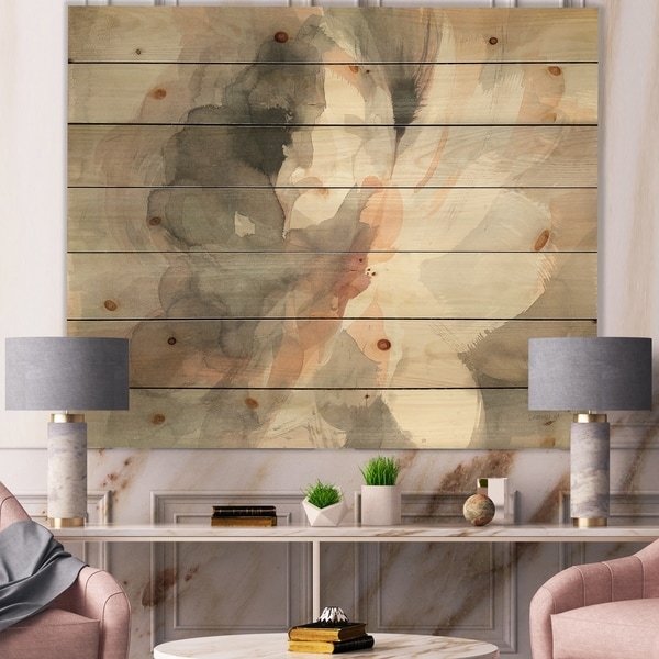 Designart 'Abstract Peony Grey' Pink Modern Print on Natural Pine Wood - Grey