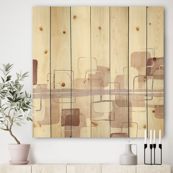 Designart 'Watercolor Minimal Boxes II' Modern Print on Natural Pine Wood - Brown/Pink