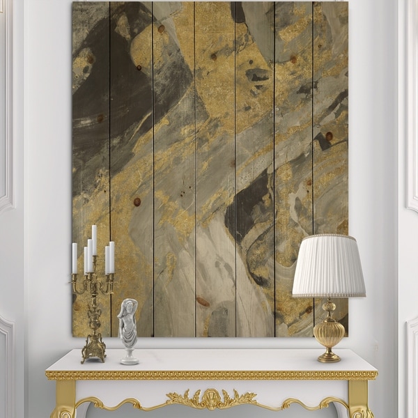 Designart 'Marble Gold and Black' Modern & Contemporary Print on Natural Pine Wood - Grey