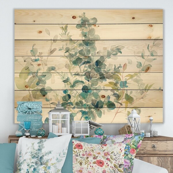 Designart 'Eucalyptus Natural Element' Farmhouse Print on Natural Pine Wood - Blue