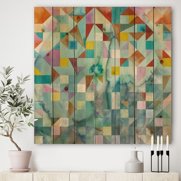 Designart 'Modern Patchwork' Modern & Contemporary Print on Natural Pine Wood - Multi-color