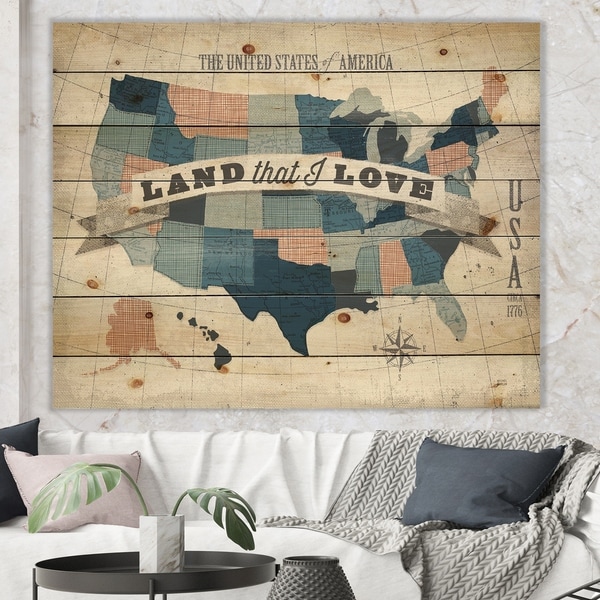 Designart 'American Map Watercolor' Map Print on Natural Pine Wood - Blue