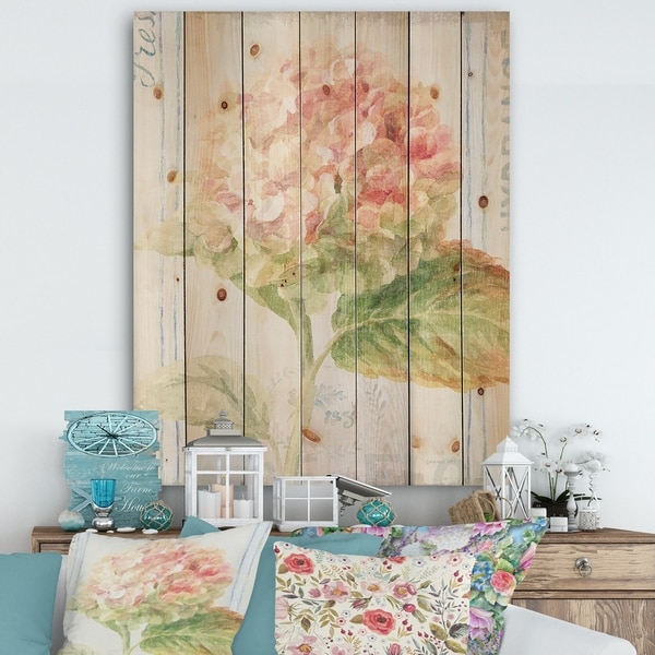 Designart 'Floursack Florals VIII' Cottage Print on Natural Pine Wood - Green/Pink