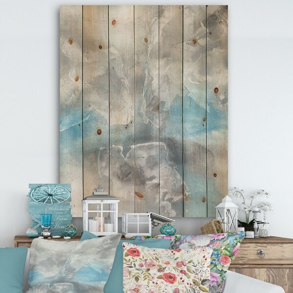 Designart 'Watercolor Minimal Blue Tones I' Mid-Century Modern Print on Natural Pine Wood - Grey