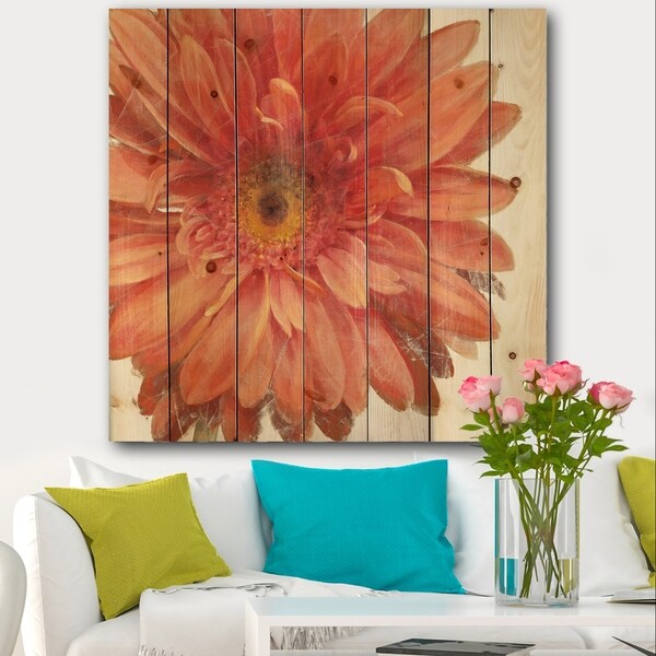 Designart 'Vivid Red Daisy' Floral & Botanical Print on Natural Pine Wood - Orange/Pink