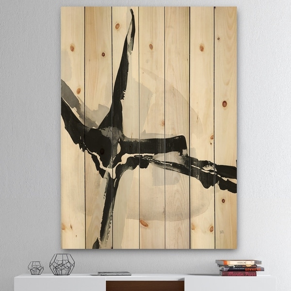 Designart 'Abstract Neutral I' Mid-Century Modern Print on Natural Pine Wood - Black
