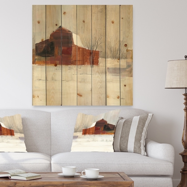 Designart 'Winter in the Barns' Farmhouse Print on Natural Pine Wood - Grey/Brown
