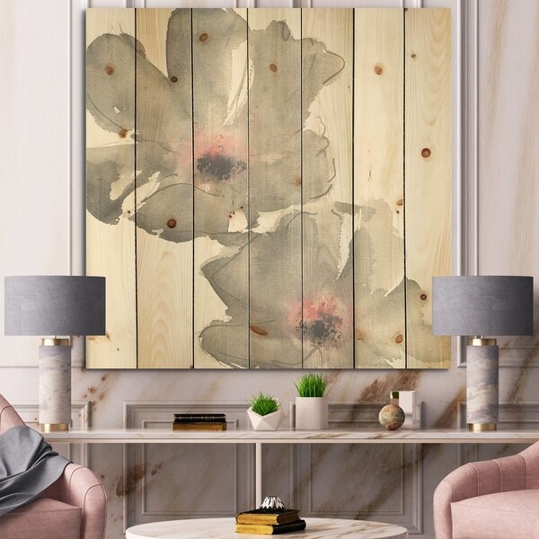 Designart 'Shabby Gray Blush Cosmo II' Shabby Chic Print on Natural Pine Wood - Grey/Pink