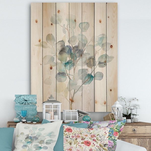 Designart 'Eucalyptus leaves I' Farmhouse Print on Natural Pine Wood - Grey/Blue
